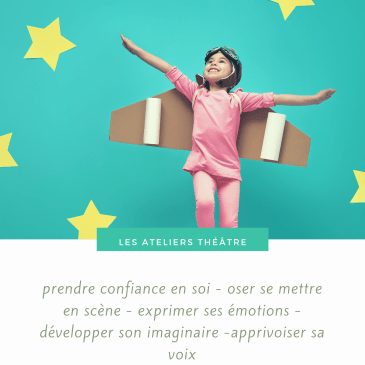 Photo d'une petite fille déguisée avec le texte "Les ateliers théâtre"