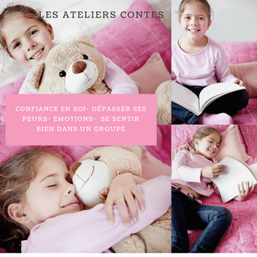 Photo d'une jeune fille qui lit avec le texte "Les ateliers contes"