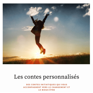 Photo d'une femme heureuse qui saute dans les airs avec le texte "Les contes personnalisés".