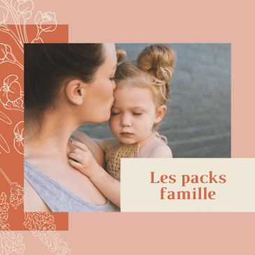 Photo d'une femme et de son enfant avec le texte "Les Packs Famille""