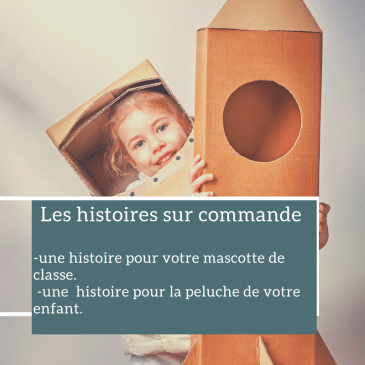 Photo d'une jeune fille déguisée avec le texte "Les histoires sur commande"